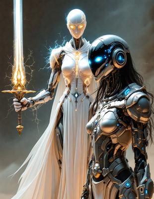 The primary subject of the image is a woman dressed in a white gown, holding a sword. She is standing next to another woman who is wearing a futuristic outfit. The setting appears to be a futuristic environment, possibly a battle scene. The visual style of the image is digital art, with the two women being the main focus of the composition. The colors and mood of the image are dark and dramatic, with the futuristic outfit and the sword adding to the overall atmosphere.
